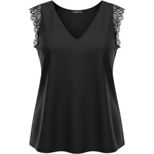 Kiabi Black Lace Trim‎ Sleeveless V-Neck Blouse Top XXL Plus Size Woven Flowy